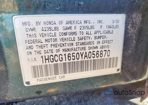 2000 Honda Accord Ex z USA, uszkodzony, nr VIN 1HGCG1650YA056870